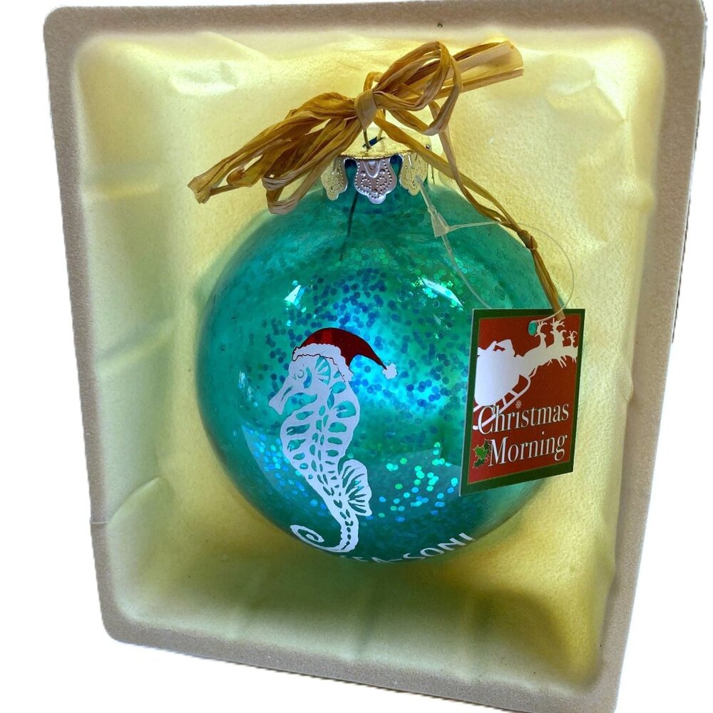 SEAHORSE Blue Glass Sparkly Glitter Christmas Ornament 4 inch Diameter